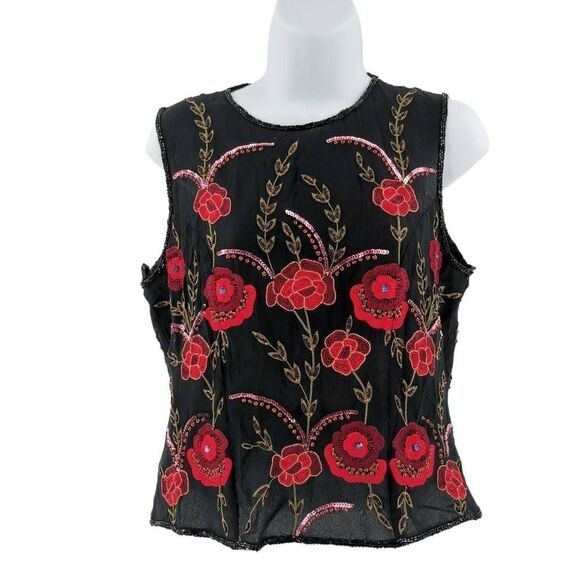 Vintage Black Silk Top with Red Hand Embroidered/Embellished Floral Design & Bea - Picture 1 of 4